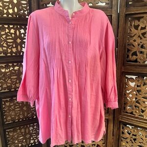 RALPH LAUREN PINK LINEN PLEATED BUTTON DOWN 3/4 SLEEVE TUNIC TOP /SHIRT.
